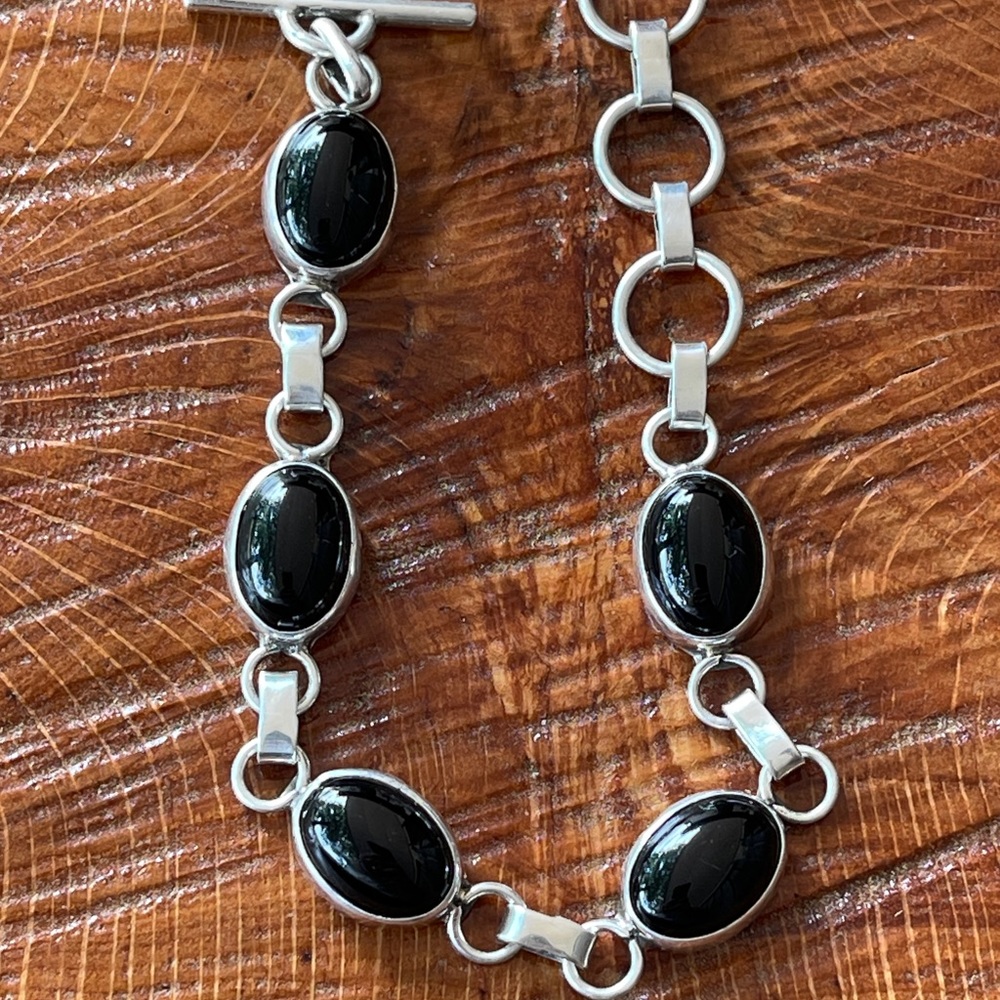 Vintage Black Onyx Sterling Silver Chain Bracelet with Hallmark 7”
